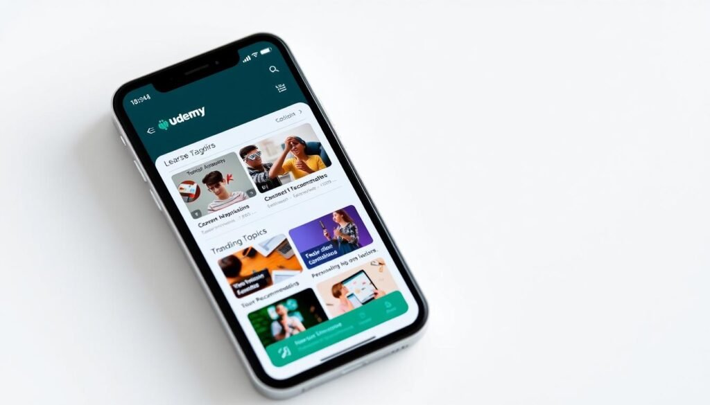 A sleek and modern-looking mobile app interface depicting the Udemy learning platform. The screen showcases the app's intuitive navigation, with prominent course categories, trending topics, and personalized recommendations. The app's clean design, with a mix of vibrant colors and high-quality visuals, creates an inviting and engaging learning experience. The layout is balanced, with ample whitespace and clear hierarchies, guiding the user's attention to the core functionalities. The overall mood is one of productivity, discovery, and educational empowerment, reflecting the app's ability to provide users with a seamless and enriching learning journey.