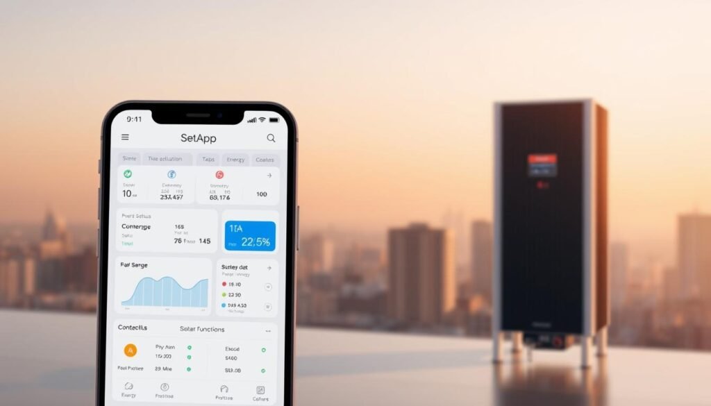 A sleek and modern mobile app interface showcasing the SetApp smart inverter management system. In the foreground, a clean and intuitive dashboard displays real-time energy data, system status, and control functions. The middle ground features a 3D model of the smart inverter, rendered with precision and attention to detail. The background presents a minimalist cityscape, suggesting the urban setting where this technology would be deployed. Soft, warm lighting illuminates the scene, creating a sense of sophistication and technological prowess. The overall composition conveys the effortless integration of renewable energy management into the digital landscape of the modern enterprise.