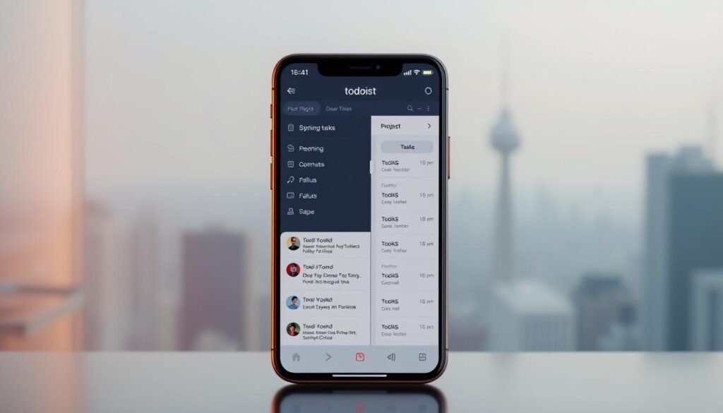 A sleek and modern mobile application interface showcasing the Todoist task management app. In the foreground, a clean and intuitive dashboard displays a list of upcoming tasks, with clear categorization and priority indicators. The middle ground features a seamless navigation menu, allowing the user to toggle between different views and modules. In the background, a subtle gradient or blurred cityscape creates a sense of depth and sophistication. The overall aesthetic is minimalist and professional, with a calming color palette and crisp typography that reflects the efficiency and organization of the Todoist platform. Warm, directional lighting accentuates the app's interface elements, creating a pleasant and inviting user experience.