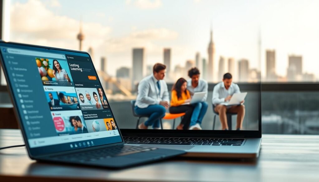 A sleek and modern online learning platform interface, with a clean and minimalist design. In the foreground, a laptop screen displays a selection of courses and educational resources, with intuitive navigation menus and clear icons. The middle ground features a group of diverse learners, engaged in interactive lessons and collaborating on projects. The background showcases a stylized cityscape, hinting at the global reach and digital nature of the platform. Soft, natural lighting illuminates the scene, creating a warm and inviting atmosphere. The overall composition conveys a sense of productivity, connectivity, and the transformative power of online education.