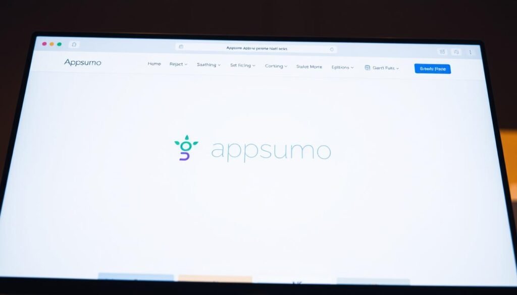 A sleek and modern website interface featuring the Appsumo logo prominently displayed in the center. The background is a soft, neutral tone, allowing the logo to stand out. The layout is clean and minimalist, with intuitive navigation elements and a visually appealing design. The overall impression is one of professionalism, simplicity, and a focus on the core Appsumo brand and offerings. The lighting is soft and diffused, creating a warm and inviting atmosphere. The camera angle is slightly elevated, giving a sense of authority and importance to the Appsumo platform.