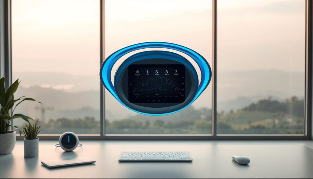 A sleek, futuristic brain wellness device hovers above a minimalist workspace. The device is composed of a curved, metallic frame housing a central display panel and surrounded by an array of biometric sensors. Soft blue lighting emanates from the device, creating a serene, calming atmosphere. In the background, a large window offers a panoramic view of a serene, natural landscape, emphasizing the connection between technology and wellbeing. The entire scene is bathed in warm, diffused lighting, creating a sense of balance and harmony. The device's elegant design and intuitive interface suggest a seamless integration of advanced neuroscience and personal brain health monitoring.