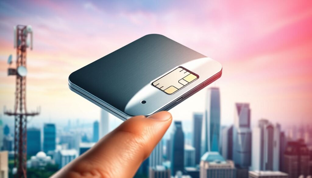 A sleek, futuristic eSIM device hovers against a backdrop of a vibrant cityscape, its smooth metallic surface gleaming under crisp, directional lighting. In the foreground, a traveler's hand gently rests on the eSIM, symbolizing the seamless integration of this technology into the modern globetrotting experience. The middle ground features a blurred network of cellular towers and satellite dishes, hinting at the global connectivity that eSIM enables. The background showcases a skyline of towering skyscrapers, their reflective facades casting a sense of technological advancement and cosmopolitan sophistication. The overall composition conveys the idea of eSIM as a powerful tool for effortless, worldwide travel.