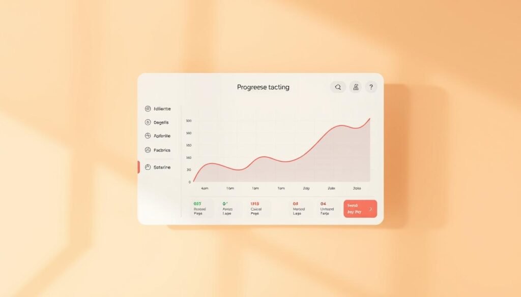 A sleek, minimalistic progress tracker for language learning, showcasing a clean user interface against a soft, warm-toned background. The main panel displays a responsive graph charting the user's progress, with intuitive icons and smooth animations highlighting different levels of proficiency. Subtle textures and gradients add depth, while the layout is balanced and uncluttered, guiding the user's focus to the essential information. Soft lighting casts a gentle glow, creating a sense of ease and encouragement as the user navigates their language learning journey within the Babbel app.