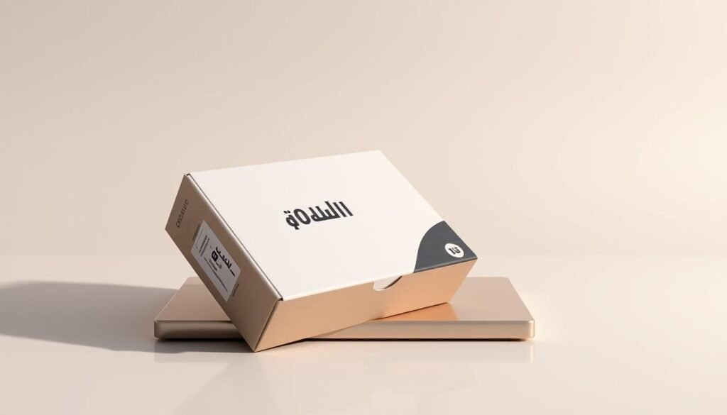 A sleek, modern chemical experimentation kit resting on a reflective, minimalist surface. The box has a clean, uncluttered design with bold Arabic lettering prominently displayed, conveying a sense of scientific exploration and discovery. Soft, directional lighting illuminates the kit, casting subtle shadows and highlights that emphasize its sturdy, high-quality construction. The background is a simple, neutral color that allows the subject to take center stage, creating a professional, editorial-style composition suitable for an educational article.