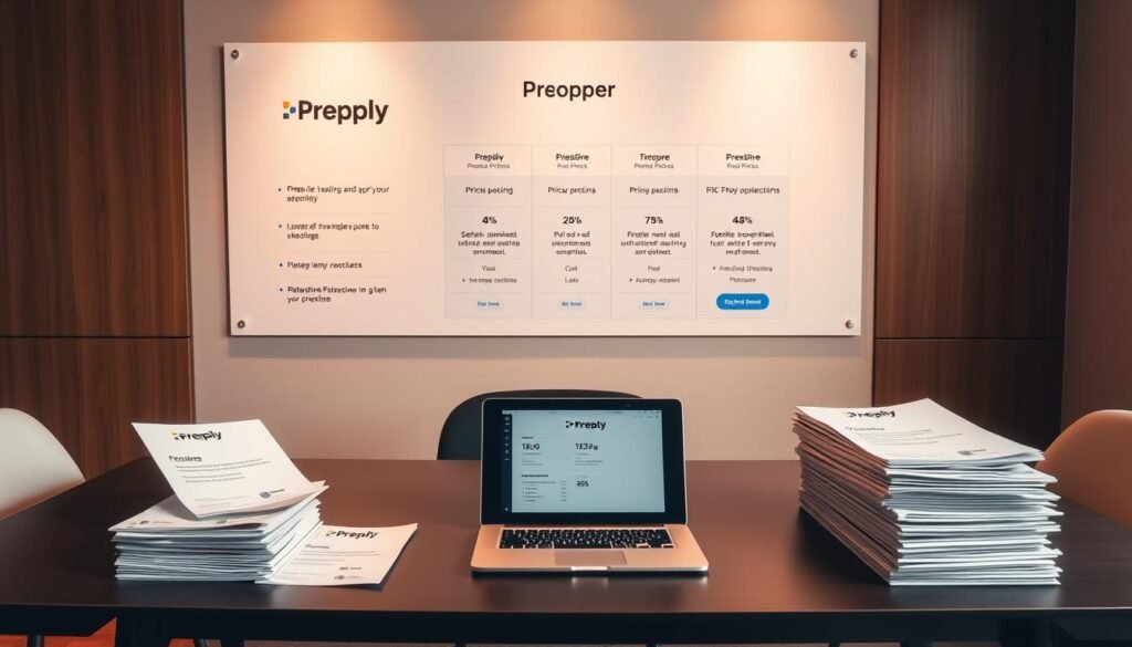 A sleek, modern desk with a laptop, tablet, and stacks of documents neatly arranged, showcasing Preply's intuitive pricing structure and various promotional offers. The workspace is bathed in warm, directional lighting, creating a professional and inviting atmosphere. In the background, a minimalist wall display highlights Preply's key features and pricing tiers, presented in a clean, easy-to-understand manner. The overall composition conveys a sense of efficiency, affordability, and the value Preply provides to its users.