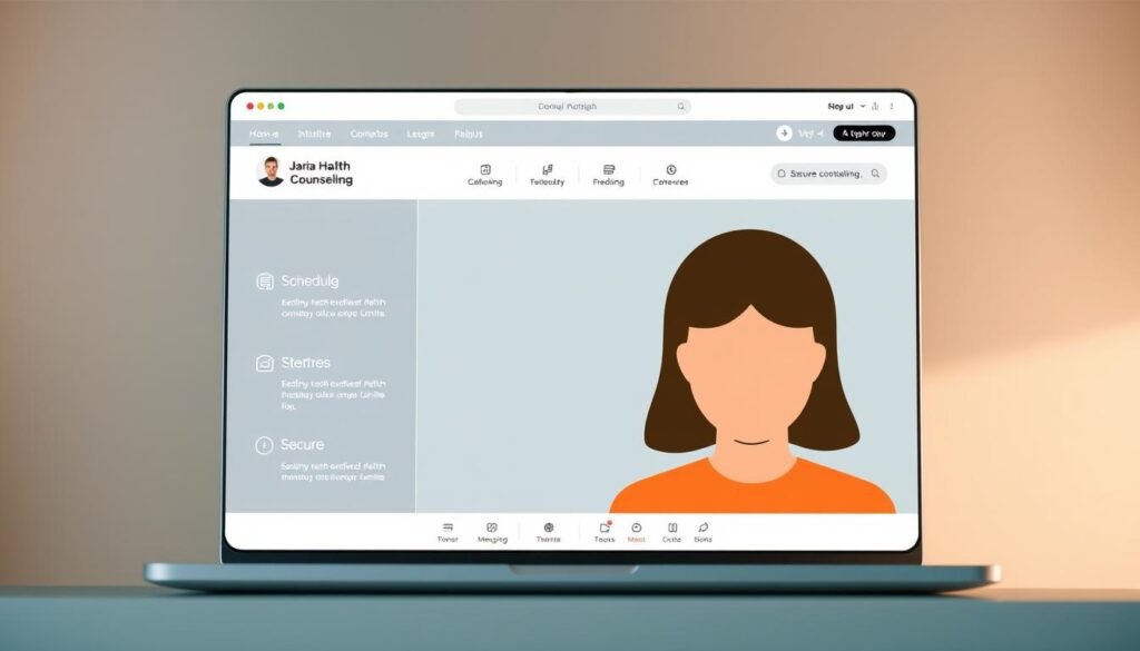 A sleek, modern digital mental health therapy platform with a clean, minimalist user interface. The foreground features a stylized illustration of a person engaged in an online counseling session, their face obscured for privacy. The middle ground showcases intuitive navigation controls, scheduling tools, and secure messaging options. The background has a soothing gradient or textured backdrop, conveying a sense of calm and focus. The lighting is soft and diffused, creating a warm, inviting atmosphere. The overall composition emphasizes ease of use, security, and the seamless integration of digital and therapeutic elements.