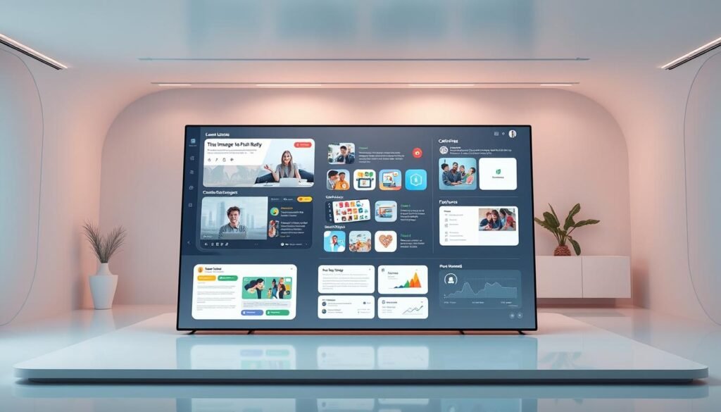 A sleek, modern educational platform with a clean, minimalist interface. The foreground features a large, high-resolution display showcasing interactive lessons and multimedia content. The middle ground includes various learning tools and resources, such as virtual whiteboards, collaboration features, and personalized dashboards. The background depicts a serene, futuristic environment with subtle, ambient lighting and a sense of technological advancement. The overall atmosphere conveys a sense of innovation, efficiency, and a tailored learning experience.