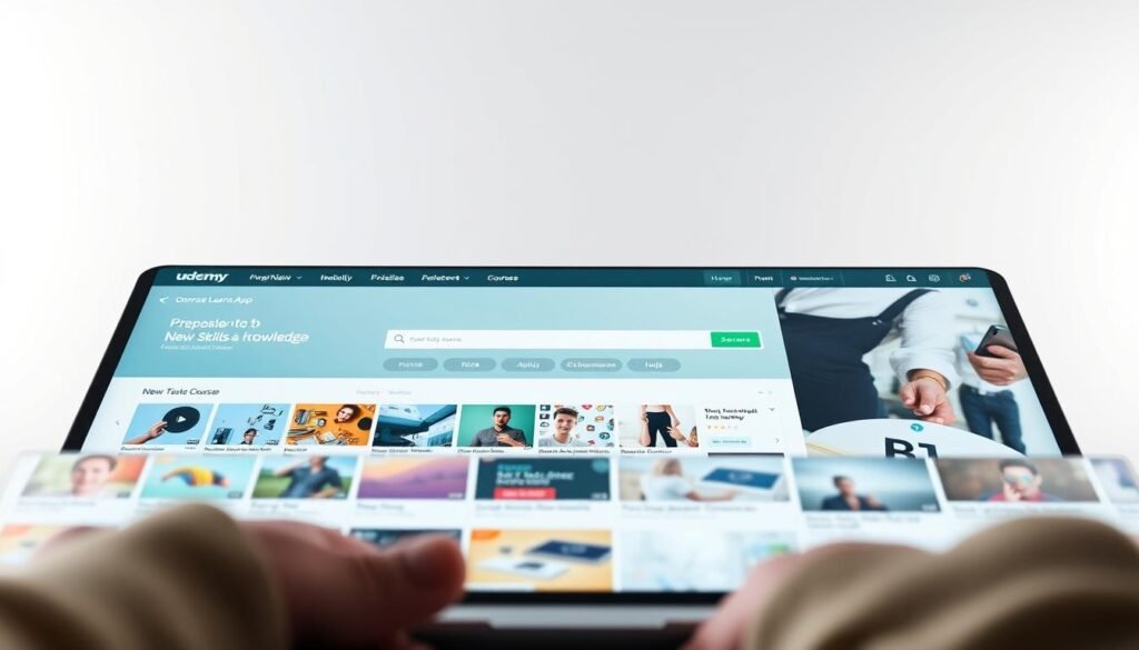 A sleek, modern interface of the Udemy learning app unfolds before the viewer. In the foreground, a clean, intuitive dashboard displays a grid of course thumbnails, each promising new skills and knowledge. The middle ground features a prominent search bar and navigation menu, inviting exploration. In the background, a subtle gradient backdrop sets a professional, educational tone. Soft, diffused lighting illuminates the scene, creating a sense of clarity and focus. The overall composition conveys the app's user-friendly design, comprehensive course offerings, and Udemy's mission to empower self-paced learning.