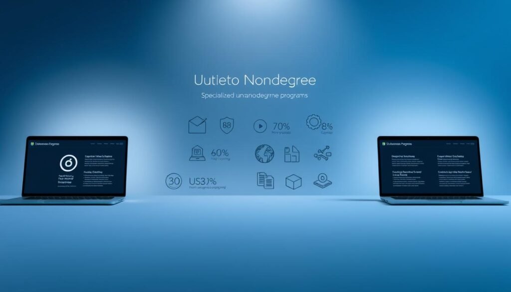 A sleek, modern interface showcasing the specialized Nanodegree programs offered by Udacity. In the foreground, several laptop screens display the program logos and course outlines, highlighting the depth and breadth of the educational offerings. The middle ground features stylized icons and infographic elements, conveying the key features and benefits of the Nanodegree programs. The background is a minimalist, gradient-based design in shades of blue and gray, creating a sense of professionalism and technological sophistication. Soft, directional lighting casts a subtle glow, emphasizing the digital, cutting-edge nature of the Nanodegree curriculum. The overall composition is clean, balanced, and visually compelling, reflecting the high-quality, specialized education provided by Udacity.
