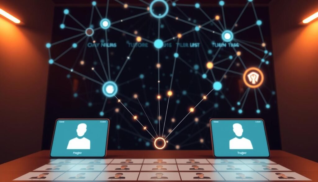 A sleek, modern interface with interconnected nodes and pathways representing the intricate Preply matching algorithm. The foreground features a clean, minimalist design with a grid-like layout of user profiles, highlighted by warm lighting and subtle gradients. The middle ground showcases the dynamic connections between students and tutors, visualized as pulsing lines and glowing data points. In the background, a complex network of algorithms and data streams flows seamlessly, creating a sense of depth and technological sophistication. The overall atmosphere is one of efficiency, precision, and a user-centric approach to online tutoring.