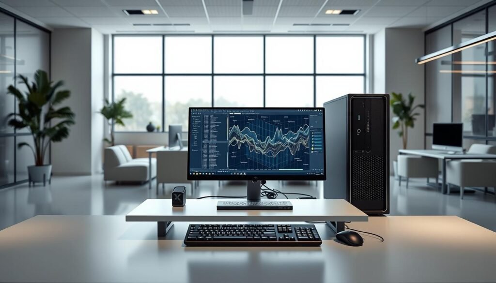 A sleek, modern machine learning platform set against a backdrop of a minimalist office environment. The foreground features a large, high-resolution display showcasing a visualization of complex data patterns and algorithms. The middle ground features a stylish, ergonomic workstation with a powerful desktop computer, a state-of-the-art keyboard and mouse, and a high-end monitor. The background depicts a clean, well-lit office space with large windows, modern furniture, and a neutral color palette. The overall atmosphere conveys a sense of innovation, technology, and intellectual discovery.