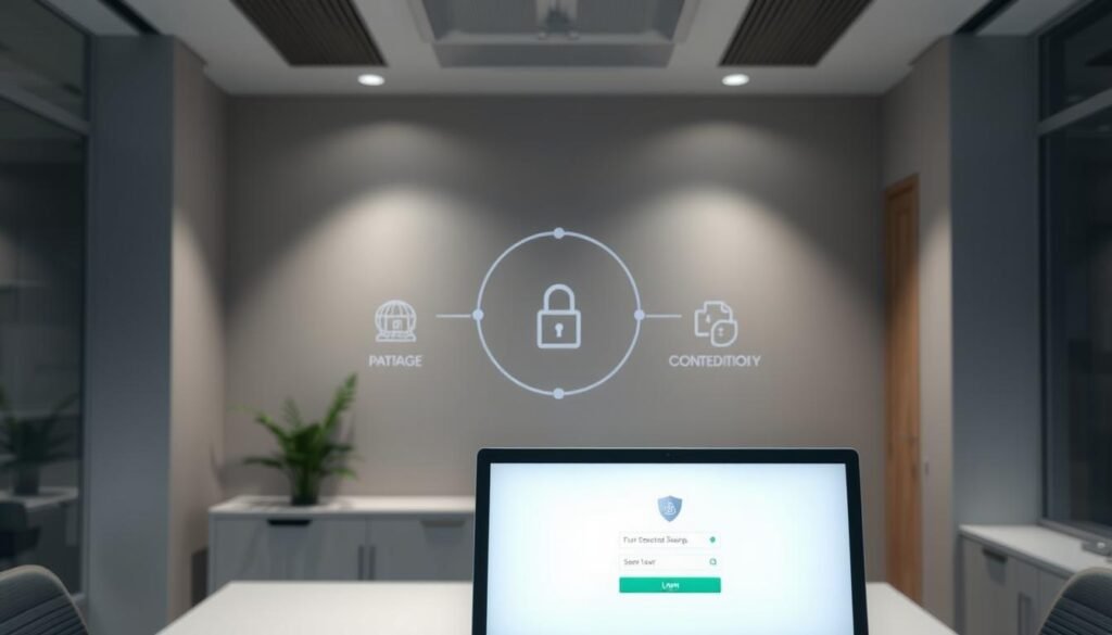 A sleek, modern office interior with muted tones and clean lines. In the foreground, a desktop computer monitor displays a secure login screen, its screen illuminated by soft, diffused lighting. In the middle ground, a stylized representation of HIPAA security protocols, including icons for data encryption, secure network connections, and patient confidentiality. The background features a minimalist, yet professional design, with subtle patterns and textures that suggest a focus on privacy and data protection. The overall atmosphere conveys a sense of trust, reliability, and attention to detail in the delivery of online therapy services.