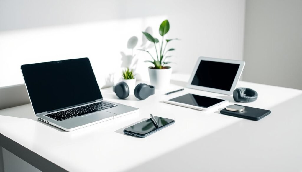 A sleek, modern office setting with a collection of essential marketing and productivity tools arranged on a minimalist desk. In the foreground, a laptop, smartphone, and stylus sit atop a clean, white surface, casting soft shadows. The middle ground features a tablet, headphones, and a neatly organized workspace with a potted plant, adding a touch of nature. The background is a simple, neutral-toned wall, allowing the tools to take center stage. The lighting is soft and diffused, creating a calm, professional atmosphere. The overall composition emphasizes the harmony and efficiency of the selected marketing and productivity essentials.