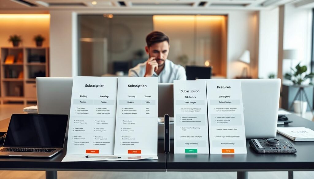A sleek, modern office setting with a large desk displaying various subscription plan options for a language learning service. In the foreground, neatly arranged documents, laptops, and a tablet showcase the different pricing tiers and feature comparisons. The middle ground features a thoughtful, professional-looking person reviewing the plans, while the background is filled with warm, diffused lighting and minimalist decor, creating a calm and inviting atmosphere. The overall composition conveys a sense of clarity, affordability, and the user-friendly nature of the language learning service.