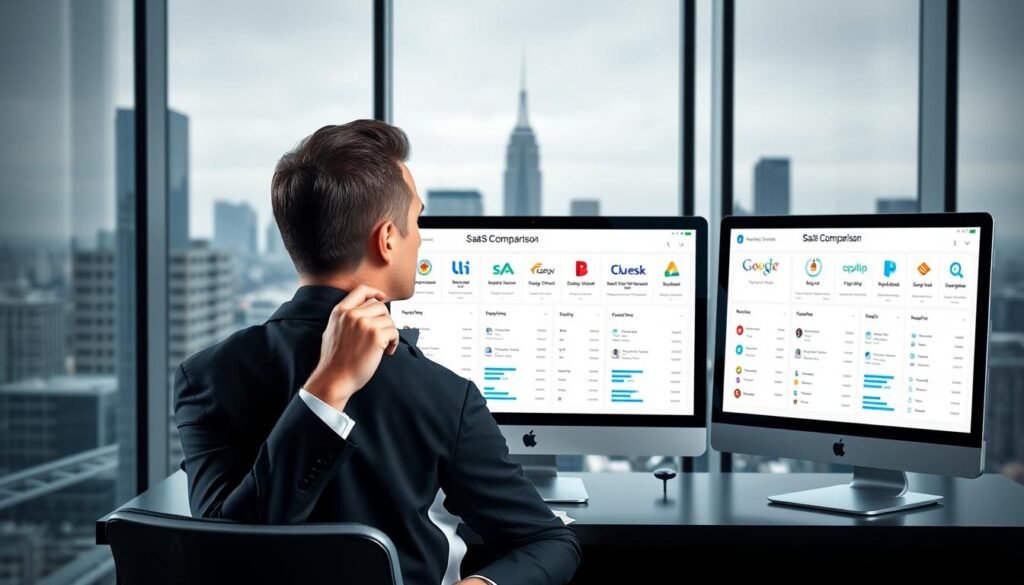 A sleek, modern office setting with three computer screens displaying SaaS product comparison dashboards. In the foreground, a businessperson in a suit is intently studying the data, hand on chin in a pensive pose. The middle ground features an array of SaaS logos and icons, neatly organized to highlight the key features and pricing of each service. The background showcases a sophisticated city skyline, conveying a sense of the enterprise-level focus of these SaaS solutions. Bright, even lighting illuminates the scene, creating a professional, high-tech atmosphere. The overall composition directs the viewer's attention to the SaaS comparison, emphasizing the importance of researching options to find the best fit for one's business needs.