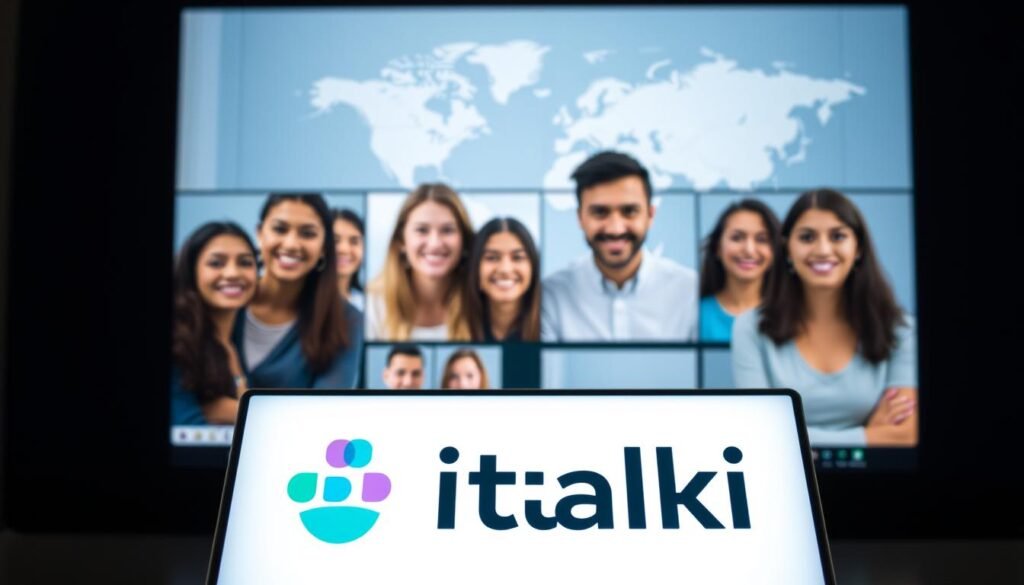 A sleek, modern online language learning platform with a clean, minimalist interface. In the foreground, a well-lit, high-resolution image of the italki logo and branding. The middle ground features a group of diverse learners and tutors engaged in one-on-one video sessions, their faces clearly visible. The background showcases a blurred world map, symbolizing the global reach and connectivity of the platform. The lighting is soft and diffuse, creating a welcoming, professional atmosphere. The overall composition conveys a sense of personalized, interactive language instruction tailored to the individual needs of the users.