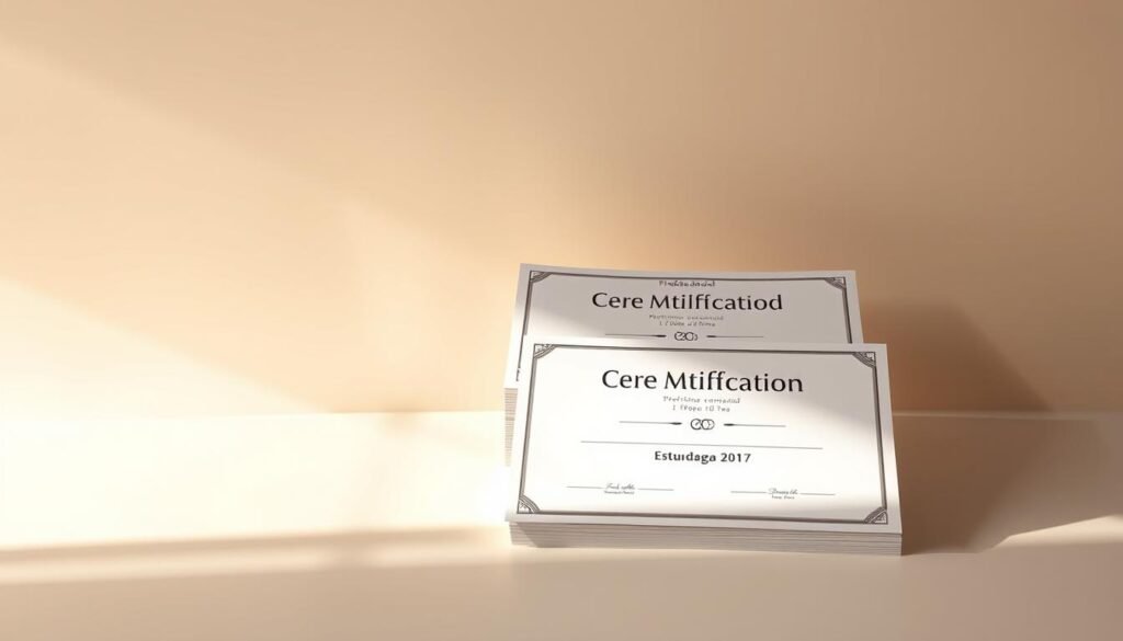 A sleek, modern professional certification stacks against a minimalist backdrop, casting soft shadows that suggest depth and dimension. The certificates are rendered in a clean, sans-serif font, exuding a sense of authority and credibility. Warm, diffused lighting bathes the scene, creating a subtle glow and highlighting the precise details of the documents. The overall composition conveys the value and prestige associated with earning these qualifications, underscoring their importance in a career-focused educational context.