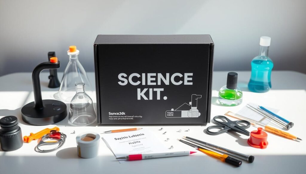 A sleek, modern science subscription kit sits atop a clean, white surface, surrounded by an array of scientific instruments and tools. The kit's packaging features a minimalist design with bold graphics, reflecting the high-quality, educational nature of the contents. Bright, natural lighting illuminates the scene, casting soft shadows and highlighting the kit's matte finish. The background is a simple, uncluttered space, allowing the science kit to take center stage and showcase its innovative, hands-on approach to STEM learning.
