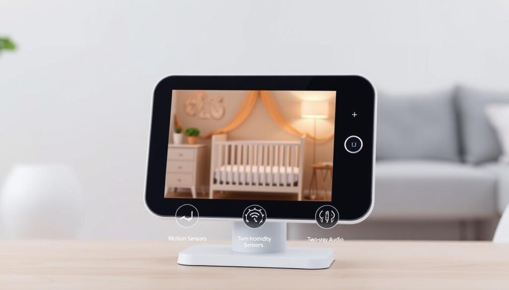 A sleek, modern smart baby monitor with a high-resolution display, mounted on a minimalist white stand. The monitor shows a live feed of a cozy nursery, with a crib in the middle, illuminated by soft, warm lighting. In the foreground, various smart features are highlighted, such as motion sensors, temperature and humidity sensors, and a two-way audio system. The background features a clean, uncluttered design, emphasizing the device's sophisticated and technologically advanced nature, perfectly suited for a contemporary smart home focused on child safety and well-being.