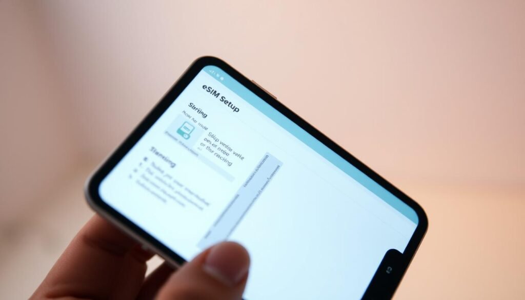 A smartphone's screen displays a step-by-step eSIM setup process. The device is held in a well-lit, clean, and minimalist environment, with a soft, neutral background that allows the screen to be the focal point. The camera angle is slightly angled to showcase the smartphone's sleek design and the eSIM setup interface in a clear, detailed manner. The overall mood is informative and user-friendly, conveying the seamless integration of eSIM technology into the modern smartphone experience.