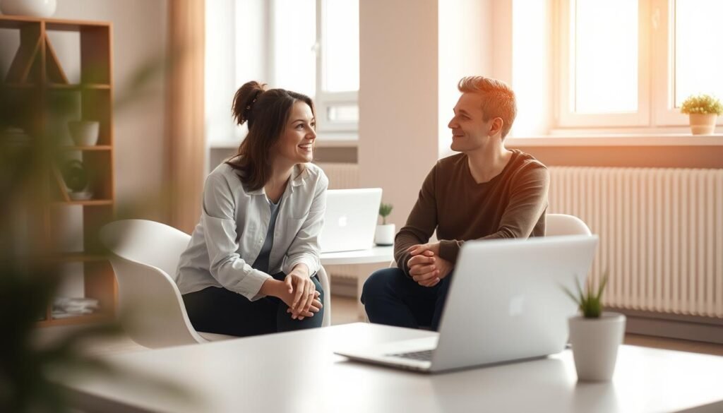 A softly lit, serene office setting with a calming palette of muted tones. In the foreground, a therapist and a patient sit across from each other, engaged in a thoughtful discussion. The therapist's expression is one of attentive empathy, while the patient appears open and at ease. In the middle ground, a sleek, minimalist desk with a laptop and some carefully placed plants, suggesting a professional yet welcoming atmosphere. The background features warm, natural lighting filtering through large windows, creating a sense of tranquility and introspection. The overall composition conveys the process of a therapist carefully matching their expertise and approach to the unique needs of the patient.