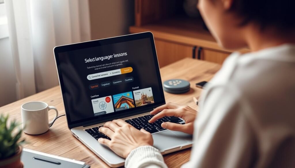 A softly lit workspace, a laptop screen displaying an online language lessons platform, a person's hands navigating the interface, warm wooden tones, and a sense of focus and concentration. The lighting is gentle, casting a cozy glow, and the camera angle is from slightly above, capturing the user's perspective as they explore and select their desired language course. The overall atmosphere is one of quiet productivity and the excitement of embarking on a new linguistic journey.