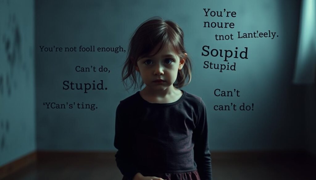 A somber, realistic scene depicting the impact of negative language on a child. In the foreground, a young girl with a dejected expression stands alone, her shoulders slumped. Muted colors and a harsh, gloomy lighting cast a shadow over the scene, conveying a sense of emotional distress. In the middle ground, fragmented phrases like "You're not good enough," "Stupid," and "Can't do it" float menacingly around the child, symbolic of the damaging effect of such words. The background is a blurred, empty room, emphasizing the child's isolation and vulnerability. The overall atmosphere is one of melancholy and the lasting harm that careless, negative language can have on a child's development and well-being.