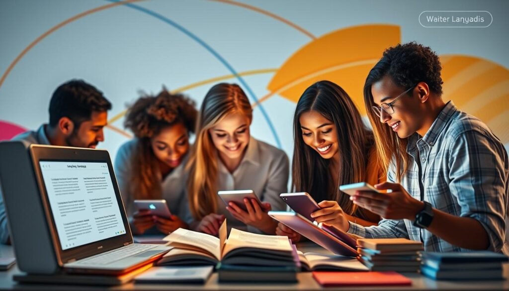 A sophisticated language learning platform with a sleek, modern interface. In the foreground, a group of diverse learners collaborating on interactive lessons, their faces lit by the warm glow of their digital devices. In the middle ground, a collection of language-learning tools and resources, including textbooks, flashcards, and audio recordings, all neatly organized and easily accessible. The background features a vibrant, abstract design, with intersecting lines and shapes representing the interconnected nature of language acquisition. The overall scene conveys a sense of productivity, engagement, and a commitment to empowering individuals to master new languages.