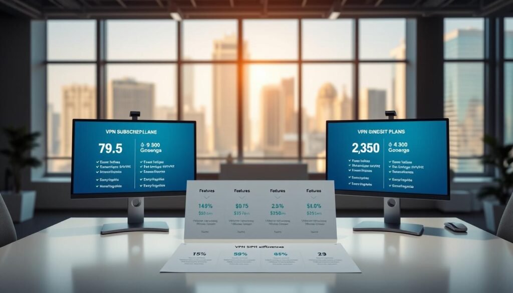 A spacious, well-lit office setting with a sleek, modern desk showcasing various VPN subscription plans. In the foreground, three plan options are displayed on high-quality monitors, each with distinct pricing, features, and user icons. The middle ground features a minimalist infographic comparing the key differences between the plans, utilizing clean typography and subtle data visualizations. The background has a blurred cityscape through large windows, casting a warm, natural lighting across the scene. The overall atmosphere conveys a sense of professionalism, clarity, and informed decision-making.