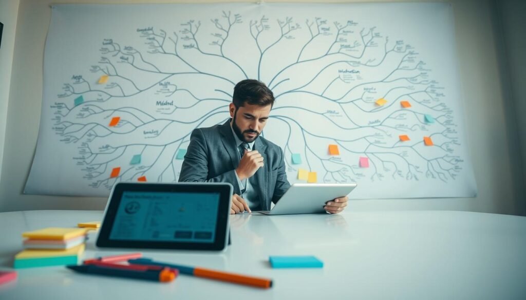 A sprawling mind map unfolds on a crisp, white surface, its branches radiating outward like an intricate neural network. In the foreground, various mind mapping tools come into focus - colorful sticky notes, sketching pens, and a tablet displaying a digital mind map interface. The middle ground features a thoughtful businessman pondering the map, a pensive expression on his face as he considers the possibilities. In the background, a serene, minimalist office environment sets the stage, with soft, natural lighting casting a warm glow over the scene. The overall mood is one of creative inspiration and productive ideation, perfectly capturing the power of mind mapping to streamline workflows and projects.