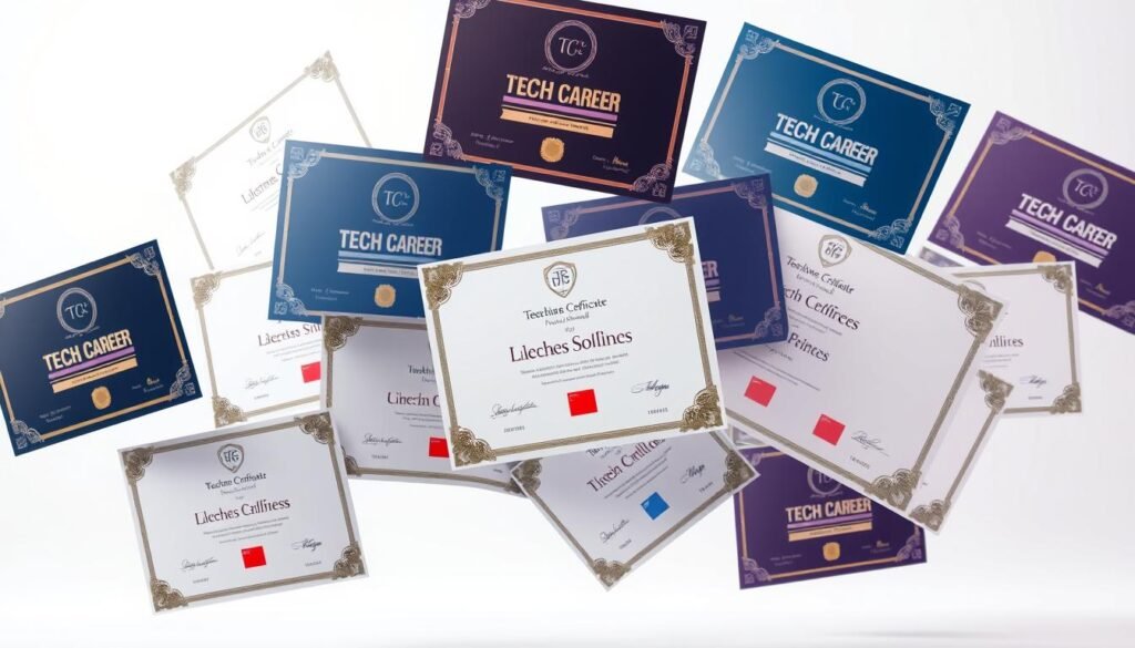 A striking array of tech career certificates float in a pristine, well-lit studio setting. The certificates are rendered in high detail, showcasing their distinctive designs, logos, and accreditations. The certificates are arranged in a dynamic, visually appealing composition, with some overlapping or tilted to create depth and visual interest. The lighting is soft and diffused, creating subtle shadows and highlights that accentuate the certificates' textures and materials. The background is a clean, neutral color that allows the certificates to take center stage, conveying a sense of professionalism and credibility.