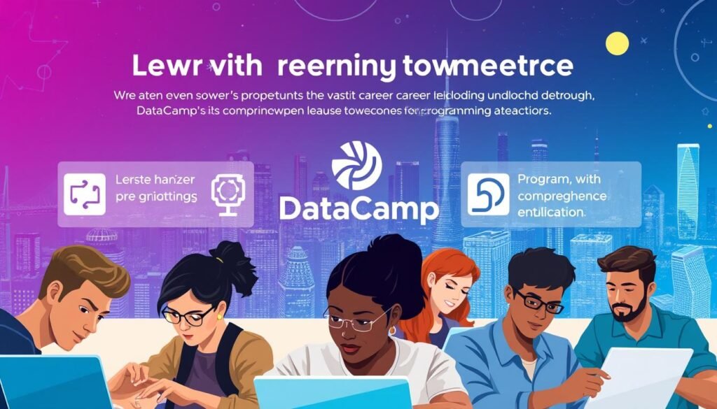 A striking digital illustration depicting the key benefits of learning programming on DataCamp. The foreground showcases a diverse group of individuals immersed in coding tasks, faces lit with focused determination. The middle ground features a stylized DataCamp logo and icons representing the platform's comprehensive course offerings. The background depicts a vibrant, futuristic cityscape, symbolizing the vast career opportunities unlocked through DataCamp's comprehensive programming education. The overall scene conveys a sense of empowerment, innovation, and the transformative power of data-driven skills.