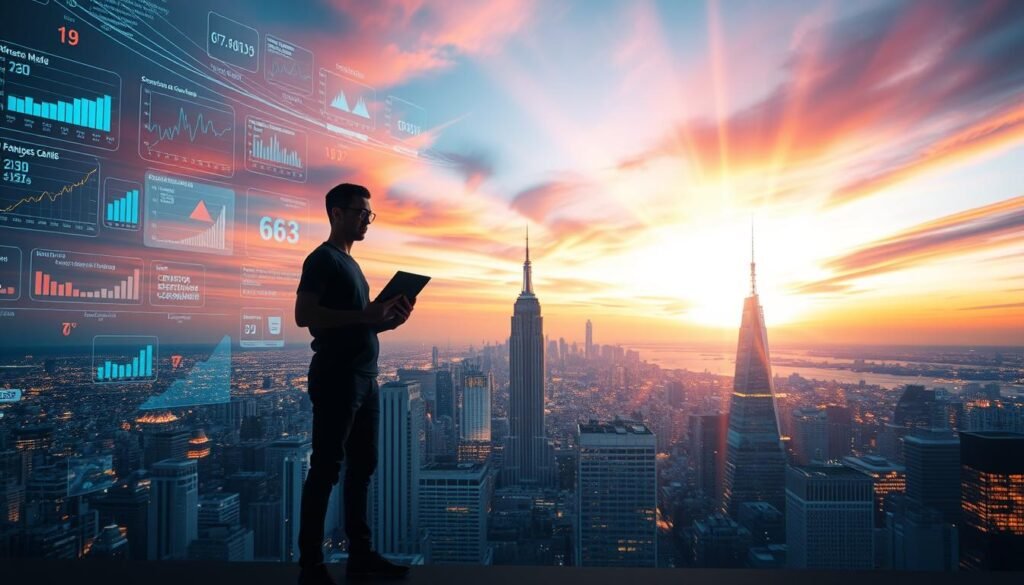 A striking visual of a data scientist's career development journey. In the foreground, a person stands confidently, laptop in hand, surrounded by holographic displays depicting data visualizations, machine learning models, and code snippets. The middle ground features a dynamic cityscape, reflecting the fast-paced, technology-driven environment of the data science field. In the background, a vibrant, colorful sky with subtle rays of light, symbolizing the endless possibilities and growth potential within the data science industry. The scene is illuminated by a warm, soft lighting, creating a sense of optimism and opportunity. The overall composition conveys the intellectual stimulation, practical application, and career advancement inherent in the data science profession.