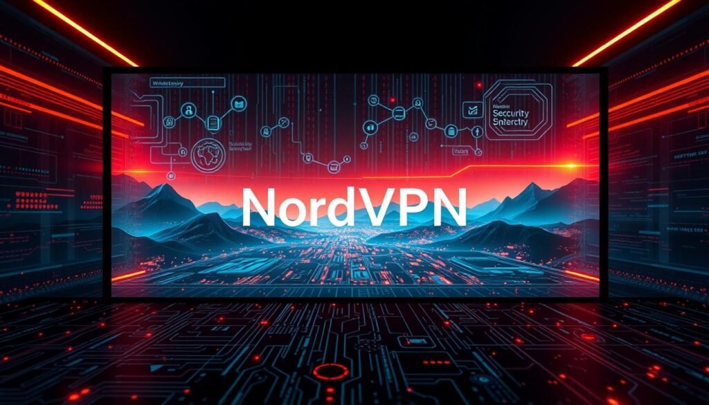 A striking visual representation of the unique features that make NordVPN stand out from its competitors. A sleek, modern interface showcases NordVPN's advanced security protocols, lightning-fast connectivity, and robust privacy safeguards. The foreground depicts intricate cybersecurity icons and symbols, conveying the platform's technical sophistication. The middle ground features a dynamic, neon-tinged landscape, symbolizing the borderless, global nature of NordVPN's server network. In the background, ethereal data streams and digital landscapes create a sense of technological immersion, reflecting NordVPN's commitment to delivering a seamless, secure online experience. Warm, vivid lighting and a minimalist, high-contrast color palette establish a sleek, professional aesthetic, underscoring NordVPN's position as a premier virtual private network service.