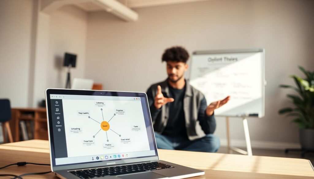 A structured learning workflow unfolds in a well-lit, airy studio setting. In the foreground, a laptop displays a schematic diagram with interconnected nodes, representing the modular structure of the online learning platform. The middle ground features a student engrossed in interactive lessons, gesturing towards the screen. In the background, a whiteboard showcases the key steps of the learning process, from onboarding to practice exercises and assessments. Warm, natural lighting casts a soft glow, creating a sense of focus and productivity. The overall composition conveys a harmonious balance between technology, instruction, and individual engagement, embodying the essence of an effective online learning experience.
