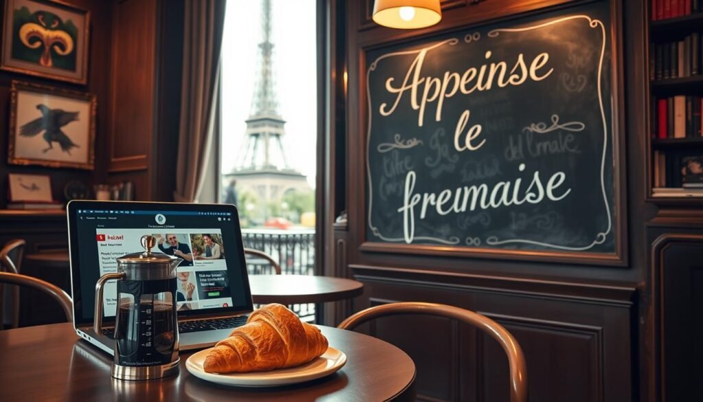 A stylish Parisian café interior, with warm lighting and cozy ambiance. In the foreground, a table with a French press, croissant, and a laptop displaying French language learning content from Babbel. In the middle ground, a large chalkboard with the phrase "Apprenez le français" written in elegant calligraphy. The background features framed artwork, bookshelves, and a view of the Eiffel Tower through a window, creating a quintessentially Parisian scene that inspires language learning and cultural immersion.