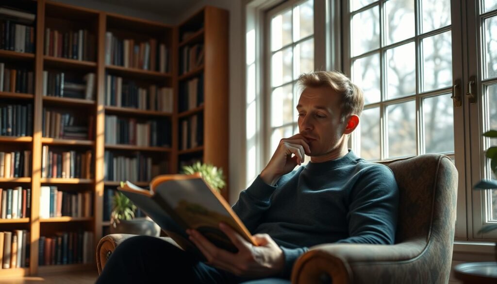 A thoughtful adult in a cozy home library, sitting in a comfortable chair and reading an open book intently. Soft, natural lighting filters through large windows, casting a warm glow on the scene. The person's expression is one of deep contemplation, reflecting the importance of critical thinking. Bookcases line the walls, hinting at a wealth of knowledge. The overall atmosphere conveys a sense of tranquility and intellectual engagement, inspiring others to follow this model of critical reasoning.