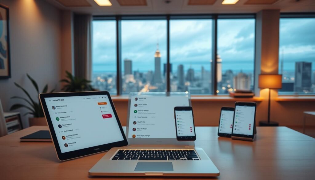 A tranquil office setting, with a neatly organized desk showcasing the key features of Todoist's task management system. The foreground displays an open laptop displaying a clean, intuitive interface with task lists, due dates, and priority indicators. The middle ground features a tablet or smartphone mirroring the laptop's display, emphasizing the seamless cross-device experience. In the background, a large window overlooks a serene cityscape, bathed in warm, diffused lighting that creates a sense of focus and productivity. The overall atmosphere conveys efficiency, organization, and a balanced work-life harmony.