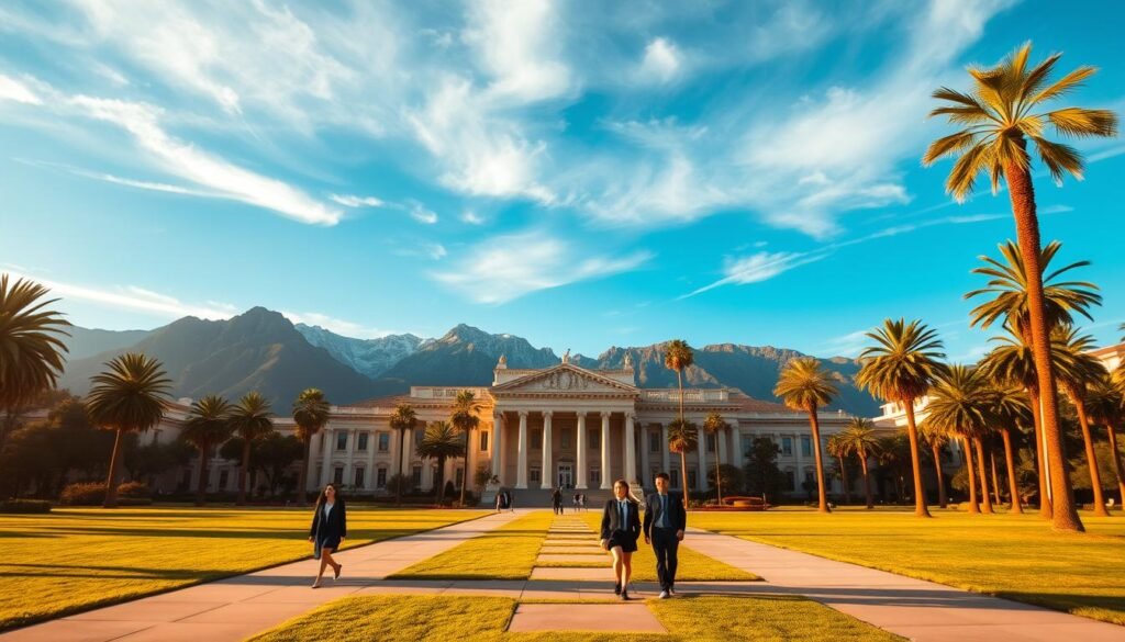 A vast, prestigious university campus set against a backdrop of majestic mountains and a vibrant, azure sky. In the foreground, a grand, neoclassical-style building with intricate details and a grand entrance, surrounded by neatly manicured lawns and towering palm trees. Elegant students in academic attire stroll along the pathways, deep in thought. The scene conveys a sense of intellectual rigor, innovation, and a commitment to excellence, reflecting the stature and prestige of the leading universities showcased. The lighting is warm and golden, casting a welcoming glow over the entire composition. The image is captured through a wide-angle lens, emphasizing the scope and scale of the prestigious academic institution.