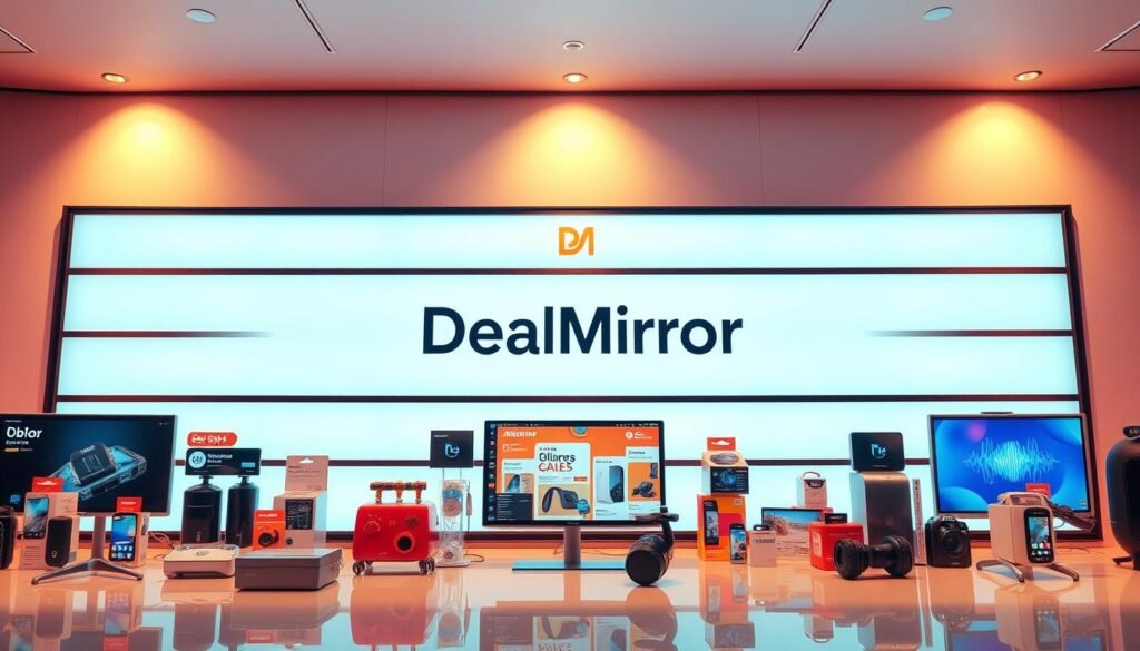A vibrant and captivating digital display showcasing the most enticing deals from DealMirror. In the foreground, an array of discounted products and services are presented in a sleek, modern layout, drawing the viewer's attention. The middle ground features a clean, minimalist design with bold typography highlighting the "DealMirror" brand, conveying a sense of professionalism and trustworthiness. The background is a soft, gradient-based color scheme, creating a visually striking and polished ambiance. The overall composition is illuminated by warm, directional lighting, casting subtle shadows and highlights to accentuate the product features. The image exudes a sense of exclusivity and urgency, inviting the viewer to explore the "can't-miss" deals showcased.