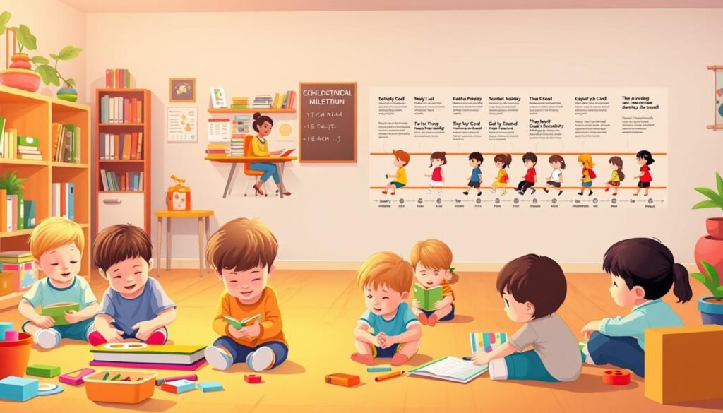 A vibrant and colorful illustration depicting the various stages of childhood education. In the foreground, a group of young children of different ages are engaged in playful learning activities, surrounded by educational toys and resources. The middle ground showcases a classroom setting, with a teacher guiding a diverse group of students through a lesson. In the background, a timeline of educational milestones unfolds, highlighting the progression from early childhood to adolescence. The overall scene conveys a sense of dynamic learning, cognitive development, and the importance of tailoring educational strategies to each stage of a child's growth. Warm lighting and a bright, airy atmosphere create a welcoming and inspiring educational environment.