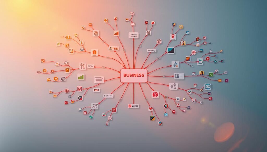 A vibrant and dynamic mind map depicting various business workflows, illuminated by warm, directional lighting that casts soft shadows and highlights the intricate connections. The foreground features a central hub with branching arrows and nodes, representing different phases of a project or operational process. The middle ground showcases a diverse range of icons and symbols, each representing a specific task or function, all seamlessly integrated into the overall structure. The background frames the mind map with a clean, minimalist workspace, allowing the visual elements to take center stage and convey a sense of organized, efficient business management.