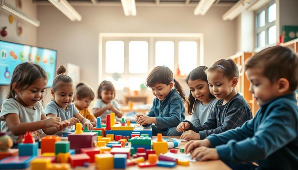 A vibrant and dynamic scene depicting active and interactive learning. In the foreground, a group of diverse children engaged in hands-on activities, their faces alight with curiosity and discovery. The middle ground showcases various educational tools and resources, ranging from colorful building blocks to interactive digital displays. The background is filled with a warm, inviting classroom setting, complete with natural lighting streaming through large windows, encouraging a sense of openness and exploration. The overall atmosphere conveys the importance of active, collaborative learning in shaping the skills and abilities of young learners in today's world.