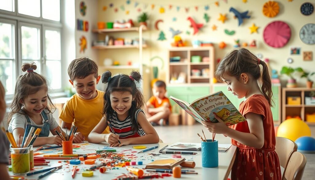 A vibrant and dynamic scene depicting innovative ways to nurture creativity in children. In the foreground, a group of young artists engrossed in hands-on activities, their faces alight with joy and curiosity. Colorful paints, brushes, and art supplies scattered across a well-lit table, encouraging exploration and self-expression. In the middle ground, a cozy reading nook where a child sits cross-legged, immersed in an imaginative storybook. The background showcases a stimulating environment, with whimsical wall decor, shelves brimming with educational toys, and large windows that flood the space with natural light, fostering a sense of wonder and inspiration. The overall mood is one of warmth, playfulness, and a deep appreciation for the boundless potential of young, creative minds.