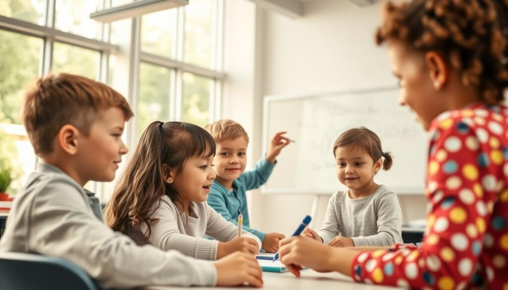 A vibrant and dynamic scene showcasing the importance of leadership skills for children. In the foreground, a group of young students engaged in a collaborative problem-solving exercise, their faces alight with concentration and enthusiasm. The middle ground features a teacher guiding them, using a whiteboard to illustrate key leadership principles. The background depicts a modern, well-equipped classroom, with large windows bathing the scene in warm, natural light. The overall atmosphere conveys a sense of discovery, empowerment, and the nurturing of essential life skills. Crisp, high-resolution details bring this educational setting to life, inspiring the viewer to recognize the valuable role of leadership development in a child's growth and development.