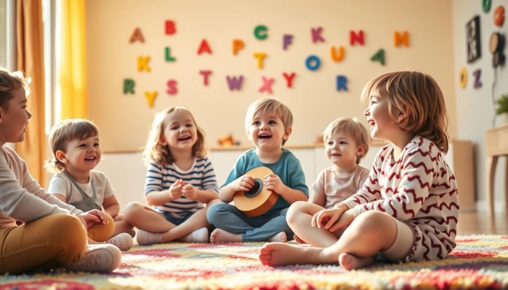 A vibrant and engaging scene of educational children's songs. In the foreground, a group of young children sit cross-legged on a colorful, plush rug, their faces alight with joy as they sing along to a melodic tune. The middle ground features a teacher or caregiver playing a simple musical instrument, guiding the children in their musical exploration. The background showcases a warm, sun-dappled room with whimsical wall decor, such as alphabet letters or musical notes, creating an inviting and stimulating learning environment. The lighting is soft and natural, casting a golden glow over the scene. The overall atmosphere is one of playfulness, discovery, and the joyful development of language skills through engaging musical activities.
