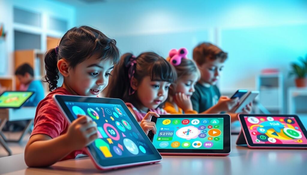 A vibrant and immersive educational technology landscape, featuring a group of engaged children interacting with colorful, intuitive educational applications on sleek, modern tablets. The foreground showcases a diverse array of apps covering various subjects like mathematics, coding, and language learning, each with a distinct visual style and interactive elements. In the middle ground, the children are deeply absorbed, their faces illuminated by the glow of the screens, their expressions a blend of curiosity and delight. The background depicts a bright, airy classroom setting, with clean lines, pastel tones, and subtle geometric patterns, creating a harmonious and stimulating environment. The lighting is soft and diffused, casting a warm, inviting glow over the entire scene, capturing the seamless integration of technology and education.