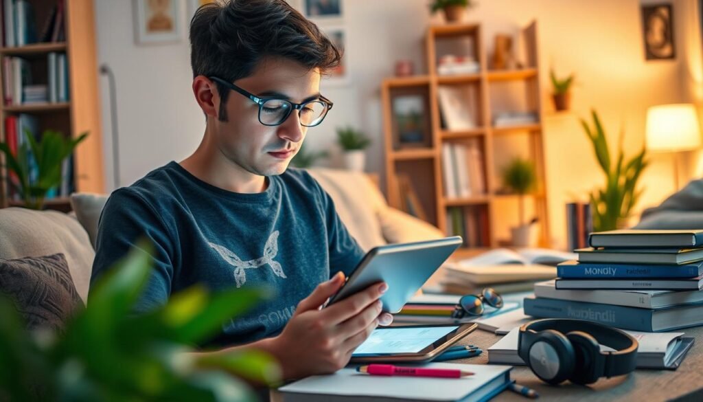 A vibrant and immersive scene showcasing a user's experience with the Mondly language learning app. The foreground depicts a person intently engaging with the app on a tablet, their face lit by the screen's warm glow. The middle ground features various language-learning tools and resources, such as flashcards, textbooks, and a pair of headphones, creating a sense of a dedicated learning environment. The background showcases a cozy, homely setting, with a bookshelf, potted plants, and soft lighting, conveying a comfortable, productive atmosphere. The overall mood is one of focused concentration and a sense of progress in the user's language-learning journey.