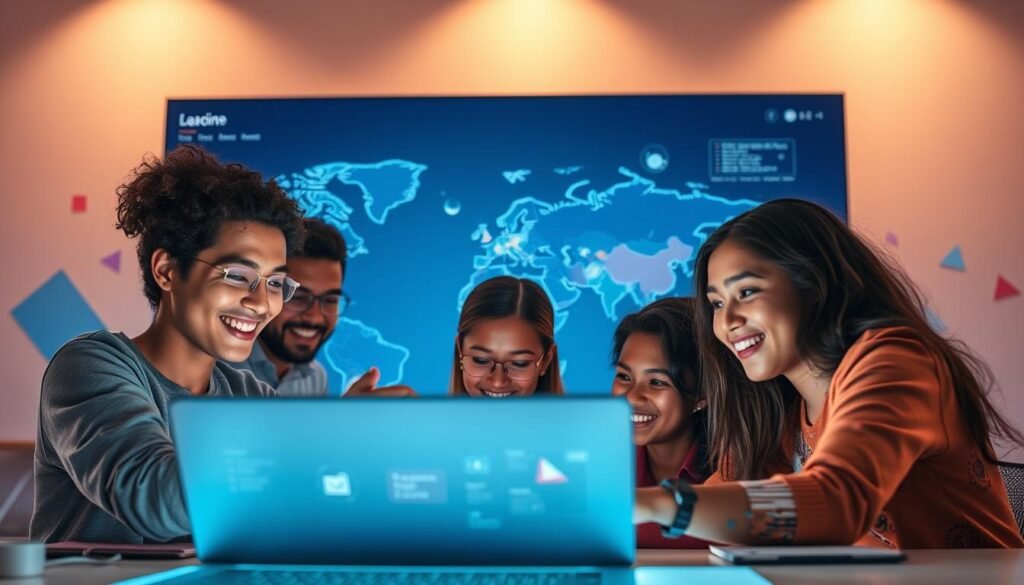 A vibrant and innovative language learning platform, showcasing a dynamic interface with engaging visual elements. In the foreground, a group of diverse learners collaboratively navigate an interactive lesson, their faces alight with enthusiasm. The middle ground features a large, stylized world map, highlighting the global reach and multilingual nature of the platform. In the background, abstract shapes and data visualizations suggest the cutting-edge technology powering the platform's personalized learning algorithms. The lighting is soft and warm, creating a welcoming and immersive atmosphere, while the overall composition conveys a sense of progress, discovery, and the joy of language mastery.